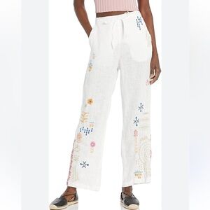 Biya by Johnny Was Elektra white linen embroidered Pants